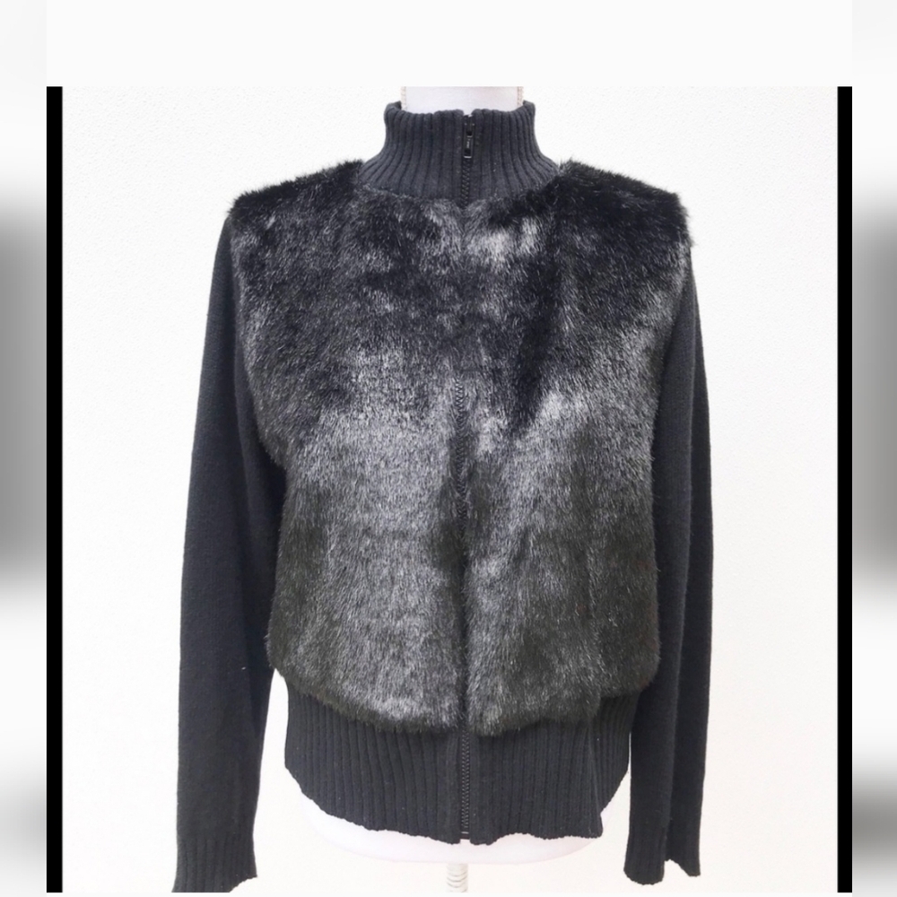 Laura Leigh Lambswool Nylon Faux Fur Trim Black Womens Size Medium Jacket